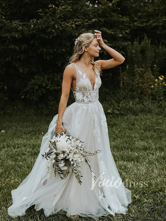 V Neck A Line Floral Silver Wedding Dresses VW1129-wedding dresses 2025 -Viniodress-Silver-Custom Size-