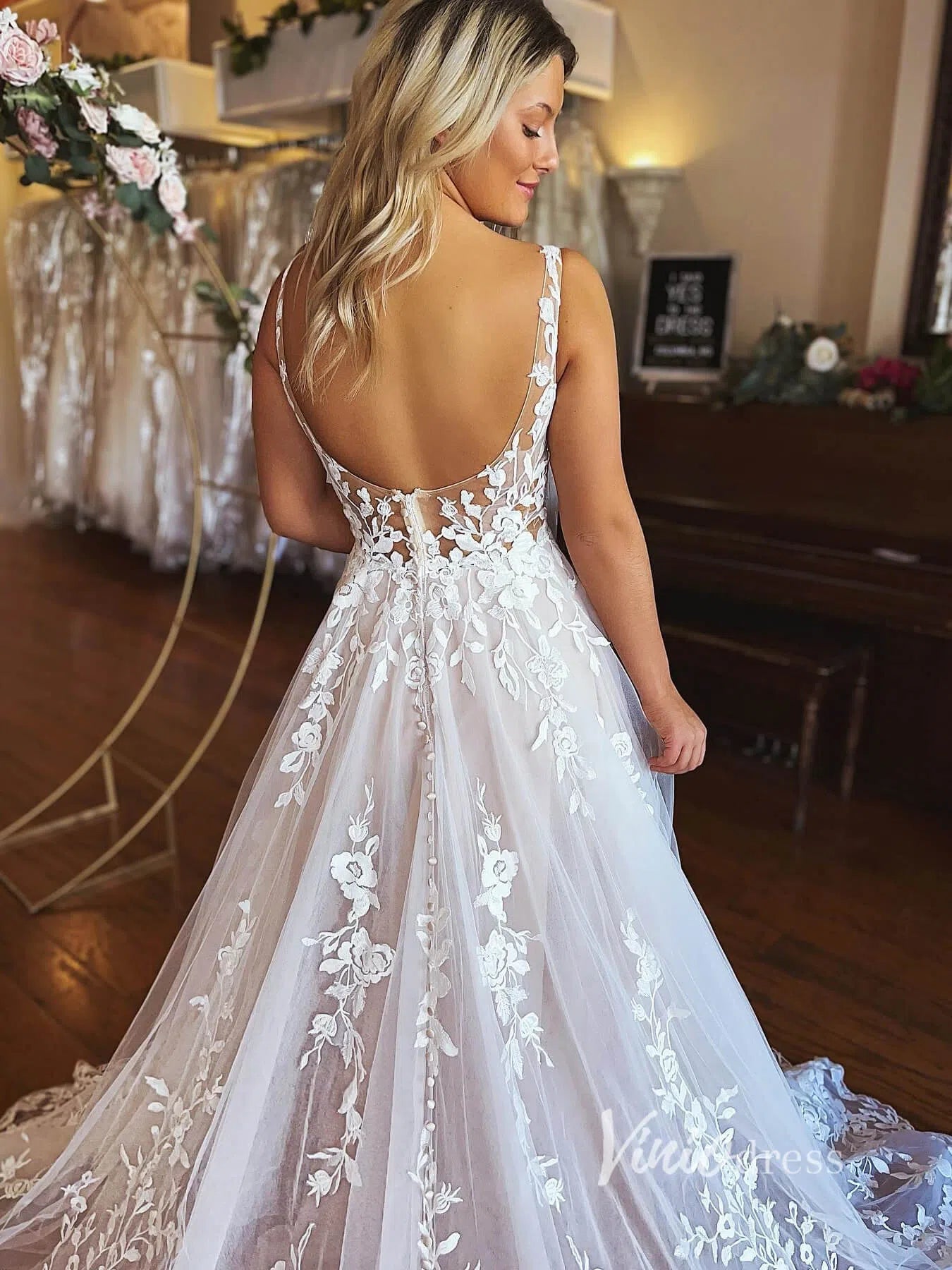 Romantic A-Line Tulle Wedding Dress | Lace Appliqué Gown Backless & Chapel Train VW2132-wedding dresses 2025 -Viniodress-Ivory-Custom Size-