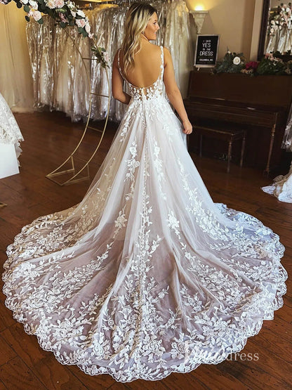Romantic A-Line Tulle Wedding Dress | Lace Appliqué Gown Backless & Chapel Train VW2132-wedding dresses 2025 -Viniodress-Ivory-Custom Size-