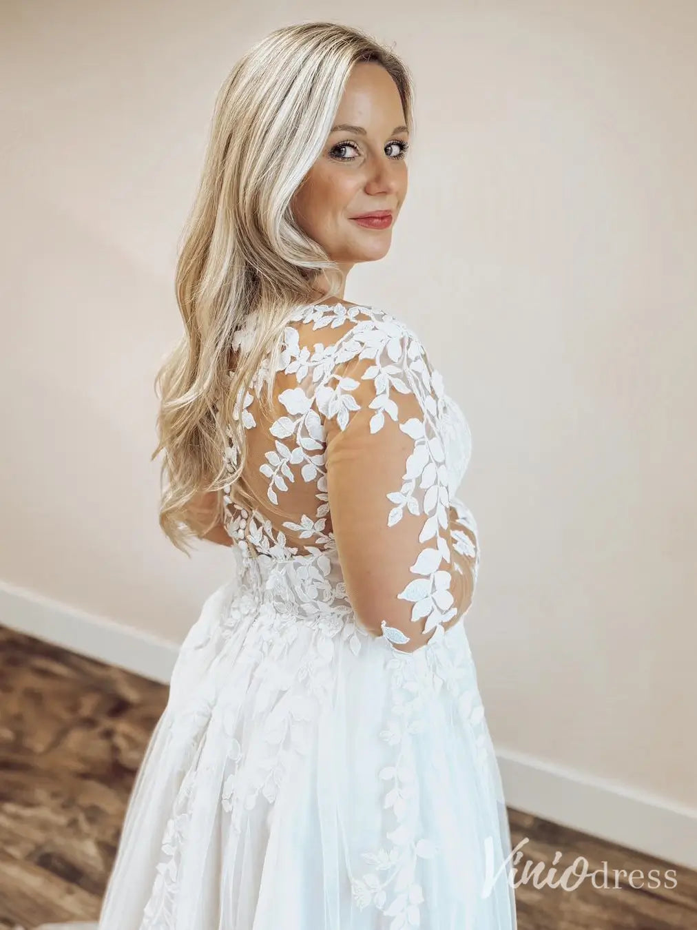 Romantic A-line Tulle Wedding Dress with Lace Appliqué Sleeves, Illusion Neckline & Slit – VW2613-wedding dresses 2025 -Viniodress-Ivory-Custom Size-