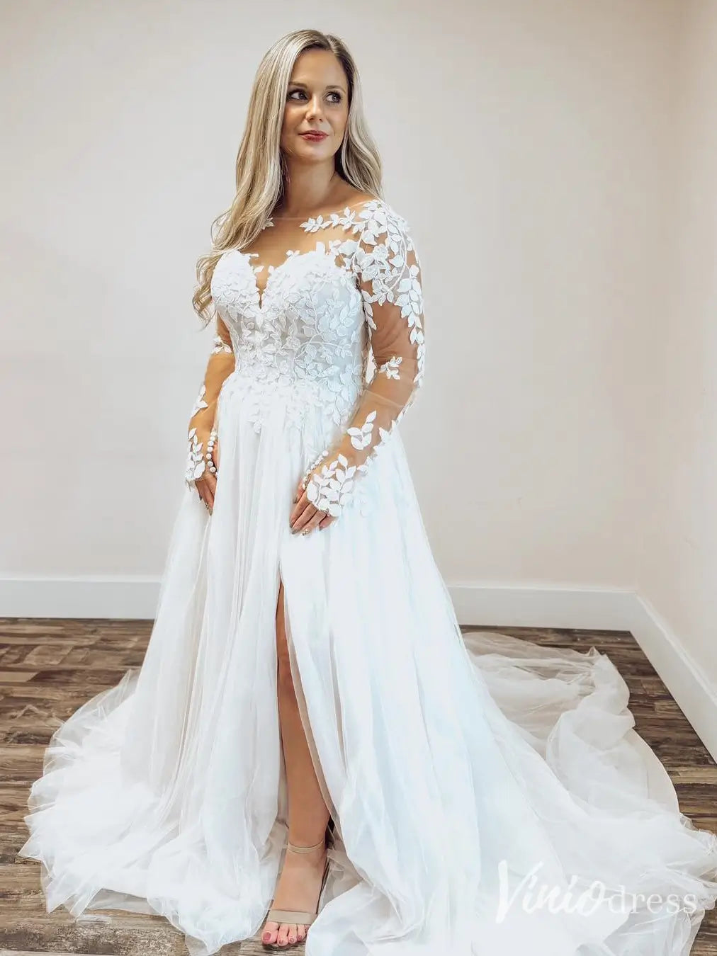 Romantic A-line Tulle Wedding Dress with Lace Appliqué Sleeves, Illusion Neckline & Slit – VW2613-wedding dresses 2025 -Viniodress-Ivory-Custom Size-