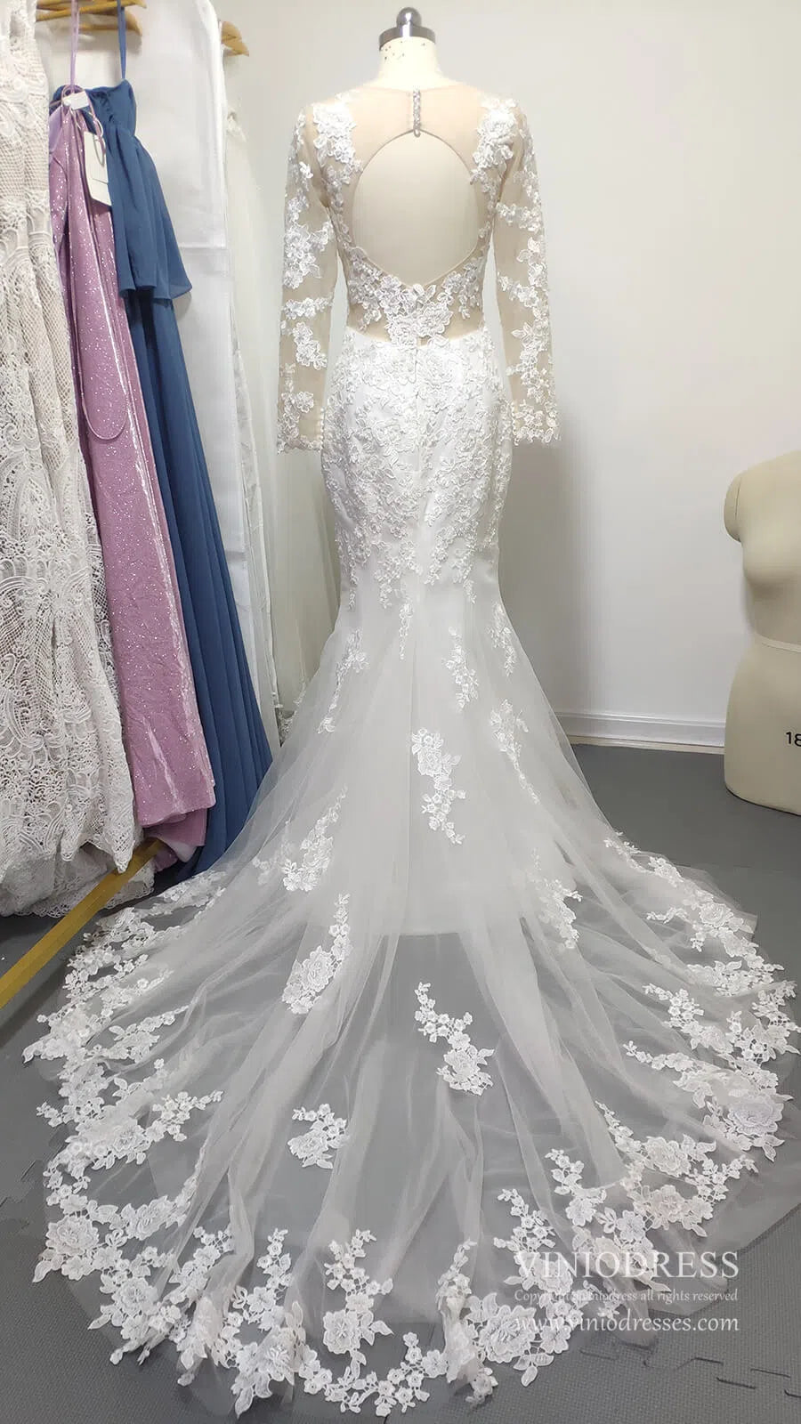 Romantic Beaded Floral Lace Mermaid Wedding Dresses with Long Sleeves VW1314-wedding dresses 2025 -Viniodress-Ivory-Custom Size-