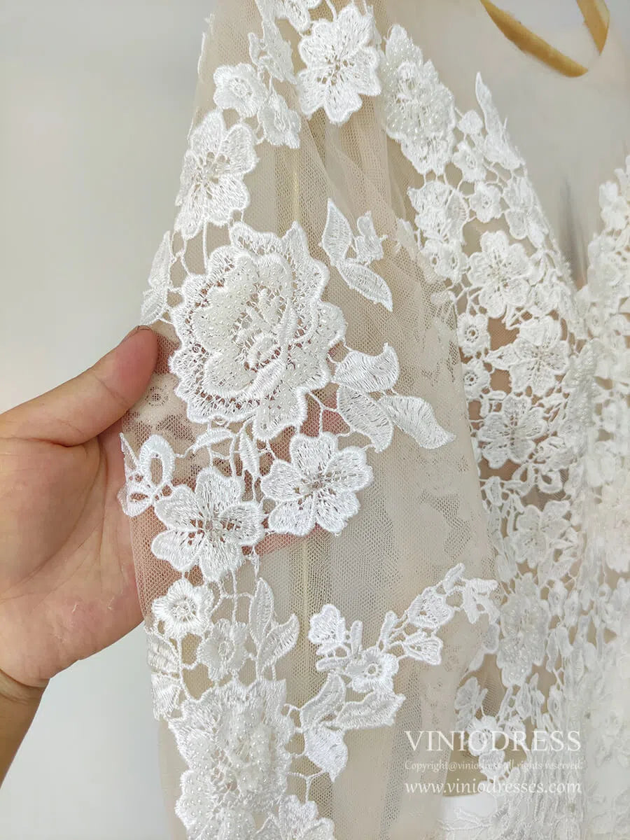 Romantic Beaded Floral Lace Mermaid Wedding Dresses with Long Sleeves VW1314-wedding dresses 2025 -Viniodress-Ivory-Custom Size-