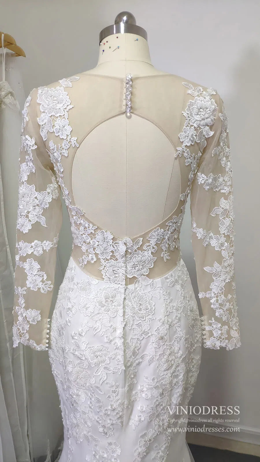 Romantic Beaded Floral Lace Mermaid Wedding Dresses with Long Sleeves VW1314-wedding dresses 2025 -Viniodress-Ivory-Custom Size-