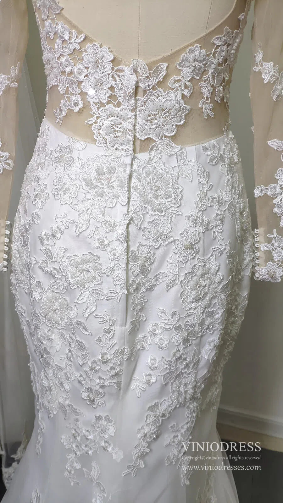 Romantic Beaded Floral Lace Mermaid Wedding Dresses with Long Sleeves VW1314-wedding dresses 2025 -Viniodress-Ivory-Custom Size-