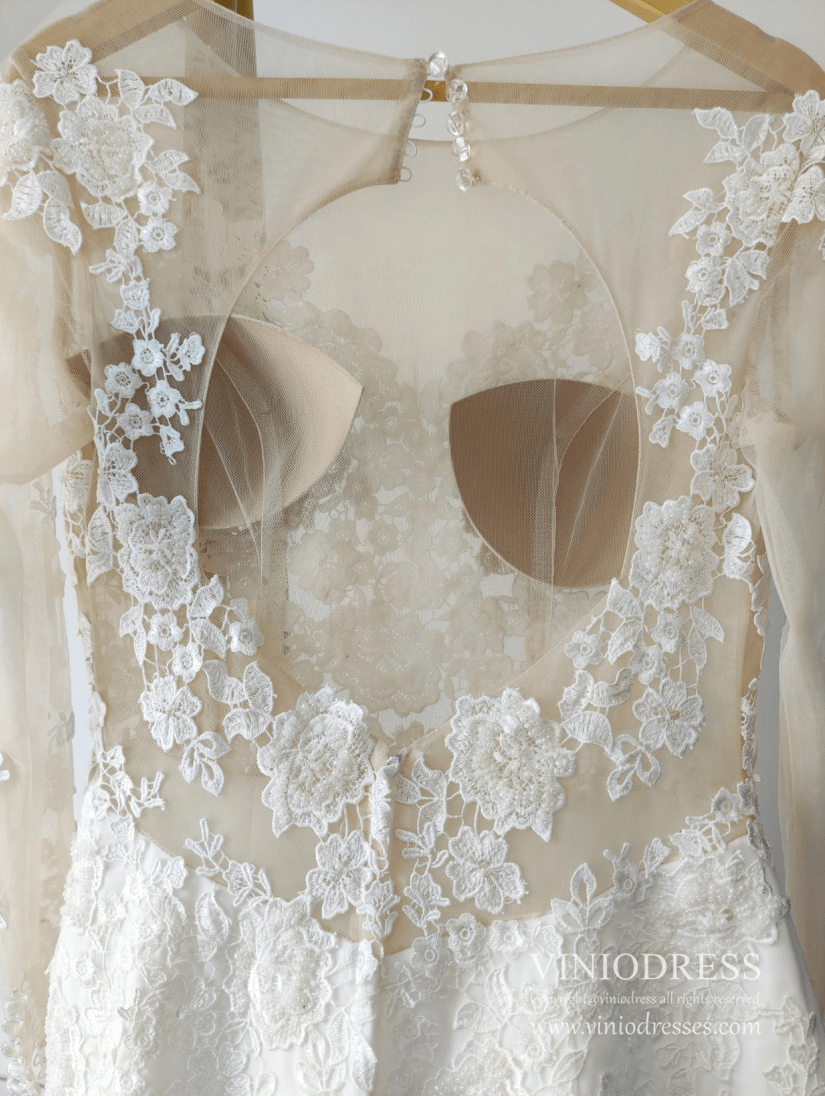 Romantic Beaded Floral Lace Mermaid Wedding Dresses with Long Sleeves VW1314-wedding dresses 2025 -Viniodress-Ivory-Custom Size-