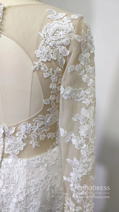 Romantic Beaded Floral Lace Mermaid Wedding Dresses with Long Sleeves VW1314-wedding dresses 2025 -Viniodress-Ivory-Custom Size-