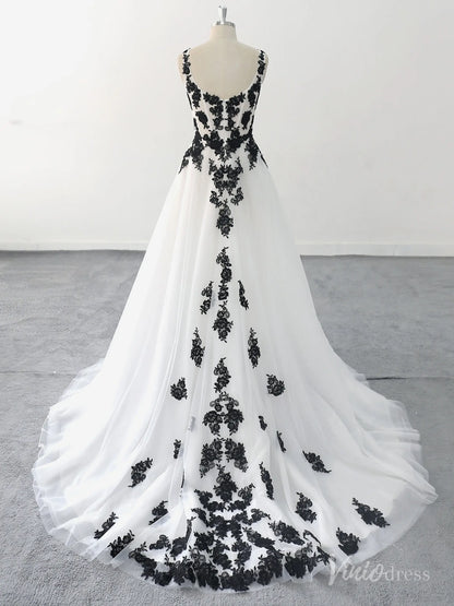 Romantic Black Lace Appliqued White Wedding Dress with Scoop Neckline and Chapel Train – BK121-wedding dresses 2025 -Viniodress-Ivory-Custom Size-