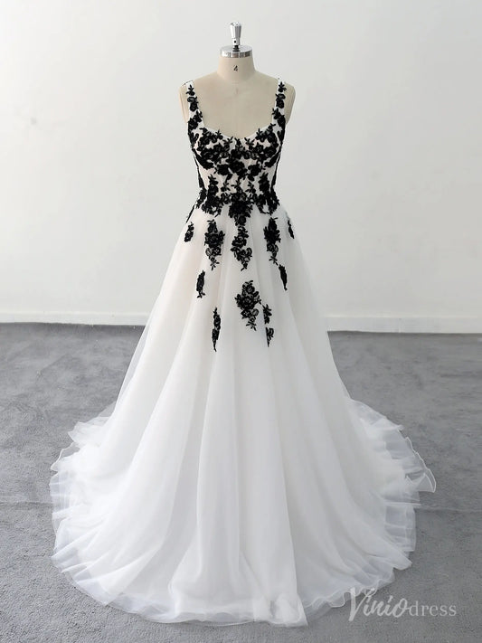 Romantic Black Lace Appliqued White Wedding Dress with Scoop Neckline and Chapel Train – BK121-wedding dresses 2025 -Viniodress-Ivory-Custom Size-