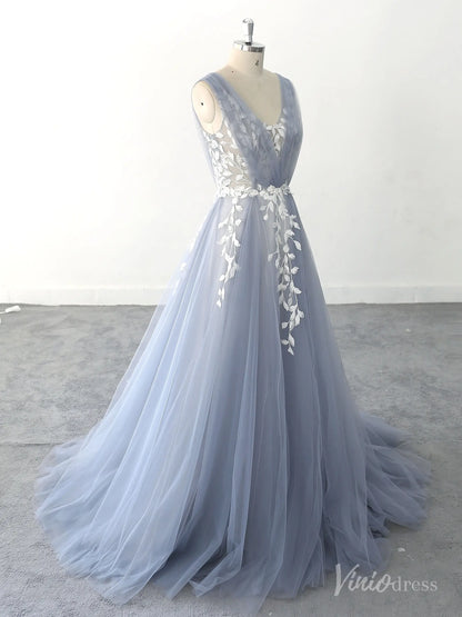 Romantic Blue Wedding Dress with Leaf Lace Appliques, Illusion V-Neck, and Soft Tulle Layers – FW218-wedding dresses 2025 -Viniodress-Dusty Blue-Custom Size-