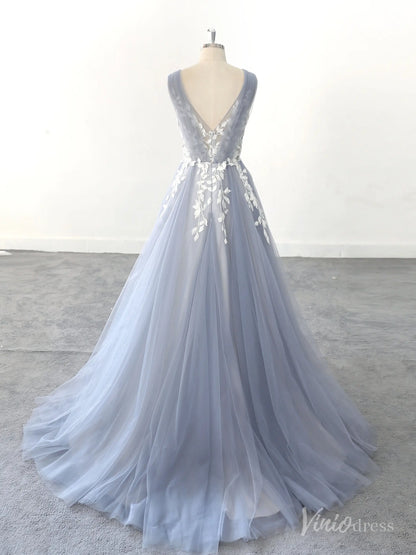 Romantic Blue Wedding Dress with Leaf Lace Appliques, Illusion V-Neck, and Soft Tulle Layers – FW218-wedding dresses 2025 -Viniodress-Dusty Blue-Custom Size-