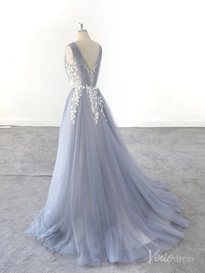 Romantic Blue Wedding Dress with Leaf Lace Appliques, Illusion V-Neck, and Soft Tulle Layers – FW218-wedding dresses 2025 -Viniodress-Dusty Blue-Custom Size-