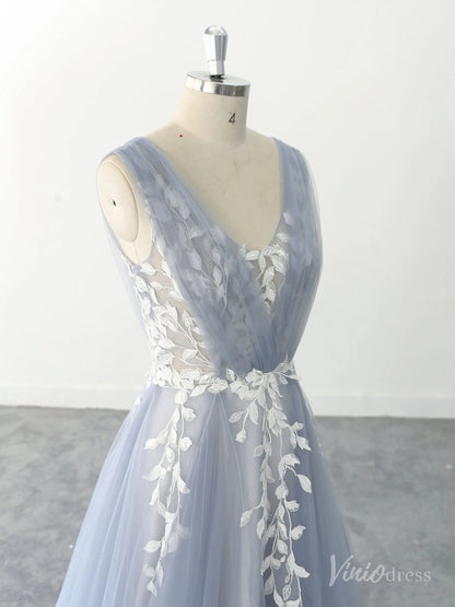 Romantic Blue Wedding Dress with Leaf Lace Appliques, Illusion V-Neck, and Soft Tulle Layers – FW218-wedding dresses 2025 -Viniodress-Dusty Blue-Custom Size-