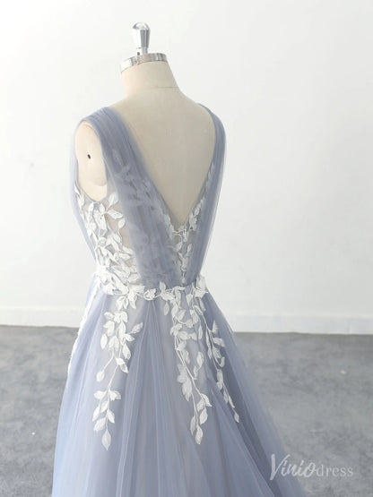 Romantic Blue Wedding Dress with Leaf Lace Appliques, Illusion V-Neck, and Soft Tulle Layers – FW218-wedding dresses 2025 -Viniodress-Dusty Blue-Custom Size-