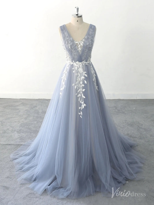 Romantic Blue Wedding Dress with Leaf Lace Appliques, Illusion V-Neck, and Soft Tulle Layers – FW218-wedding dresses 2025 -Viniodress-Dusty Blue-Custom Size-