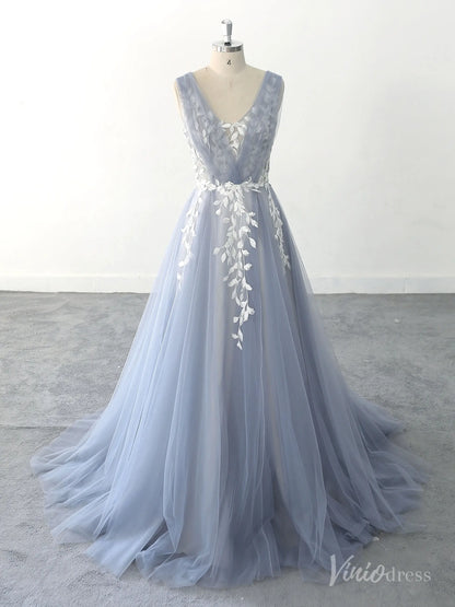 Romantic Blue Wedding Dress with Leaf Lace Appliques, Illusion V-Neck, and Soft Tulle Layers – FW218-wedding dresses 2025 -Viniodress-Dusty Blue-Custom Size-