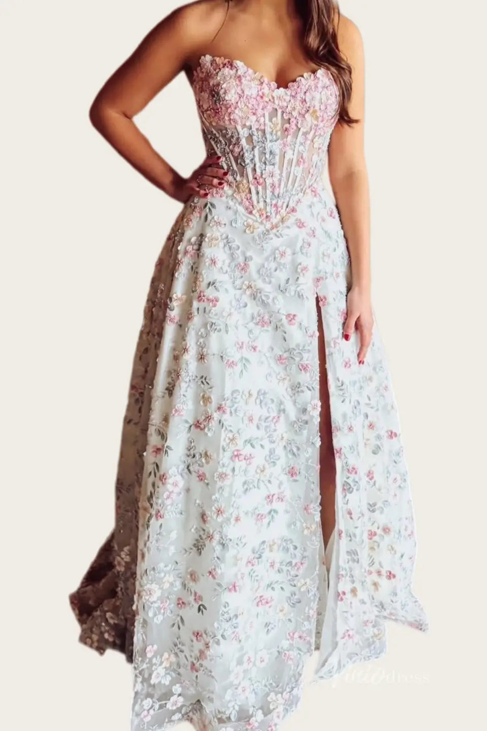 Romantic Blush 3D Floral Wedding Dress with Sheer Corset Bodice, High Slit & Sweep Train - FW263-wedding dresses 2026-Viniodress-Blush-Custom Size – Add Measurements in Cart-