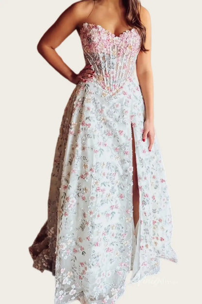Romantic Blush 3D Floral Wedding Dress with Sheer Corset Bodice, High Slit & Sweep Train - FW263-wedding dresses 2026-Viniodress-Blush-Custom Size – Add Measurements in Cart-