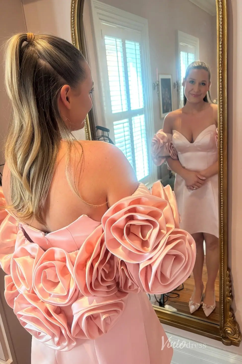 Romantic Blush Off-Shoulder Short Bridal Dress with 3D Satin Rose Sleeves & Sweetheart Neckline – BP003