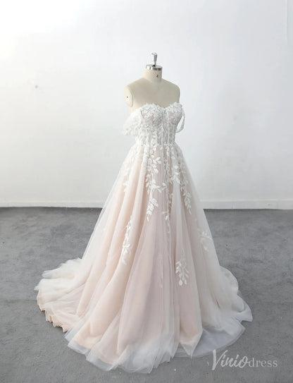 Romantic Blush Off-Shoulder Wedding Dress with Sheer Corset Bodice, Floral Lace Appliqués & Chapel Train – LA140-wedding dresses 2025 -Viniodress-Blush-Custom Size-