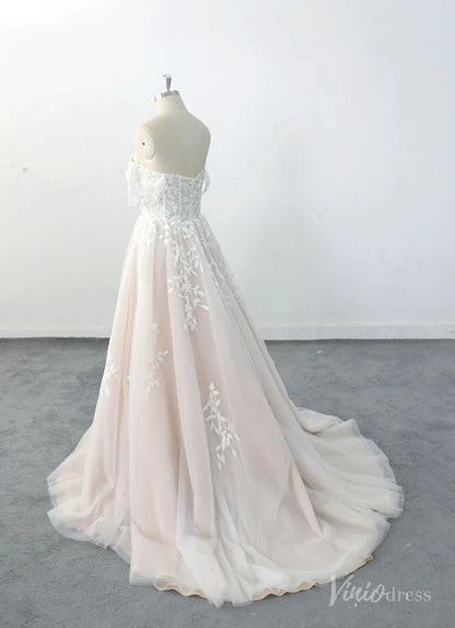 Romantic Blush Off-Shoulder Wedding Dress with Sheer Corset Bodice, Floral Lace Appliqués & Chapel Train – LA140-wedding dresses 2025 -Viniodress-Blush-Custom Size-