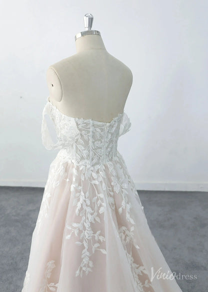 Romantic Blush Off-Shoulder Wedding Dress with Sheer Corset Bodice, Floral Lace Appliqués & Chapel Train – LA140-wedding dresses 2025 -Viniodress-Blush-Custom Size-