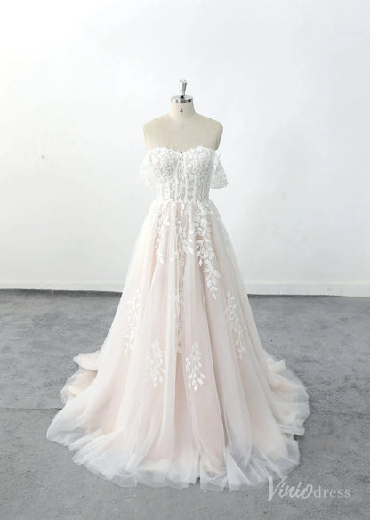 Romantic Blush Off-Shoulder Wedding Dress with Sheer Corset Bodice, Floral Lace Appliqués & Chapel Train – LA140-wedding dresses 2025 -Viniodress-Blush-Custom Size-