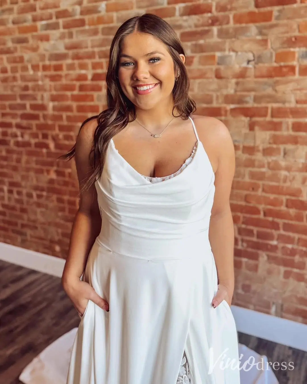 Romantic Crepe A-Line Wedding Dress with Lace Slit, Cowl Neckline, and Draped Back – MN132-wedding dresses 2025 -Viniodress-Ivory-Custom Size-