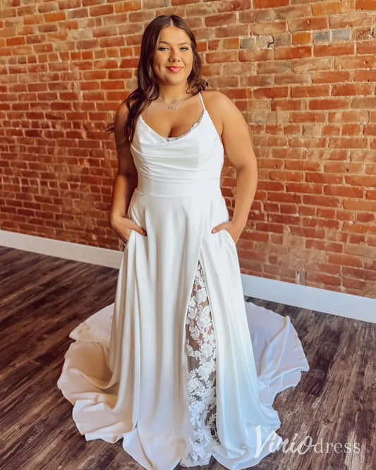 Romantic Crepe A-Line Wedding Dress with Lace Slit, Cowl Neckline, and Draped Back – MN132-wedding dresses 2025 -Viniodress-Ivory-Custom Size-