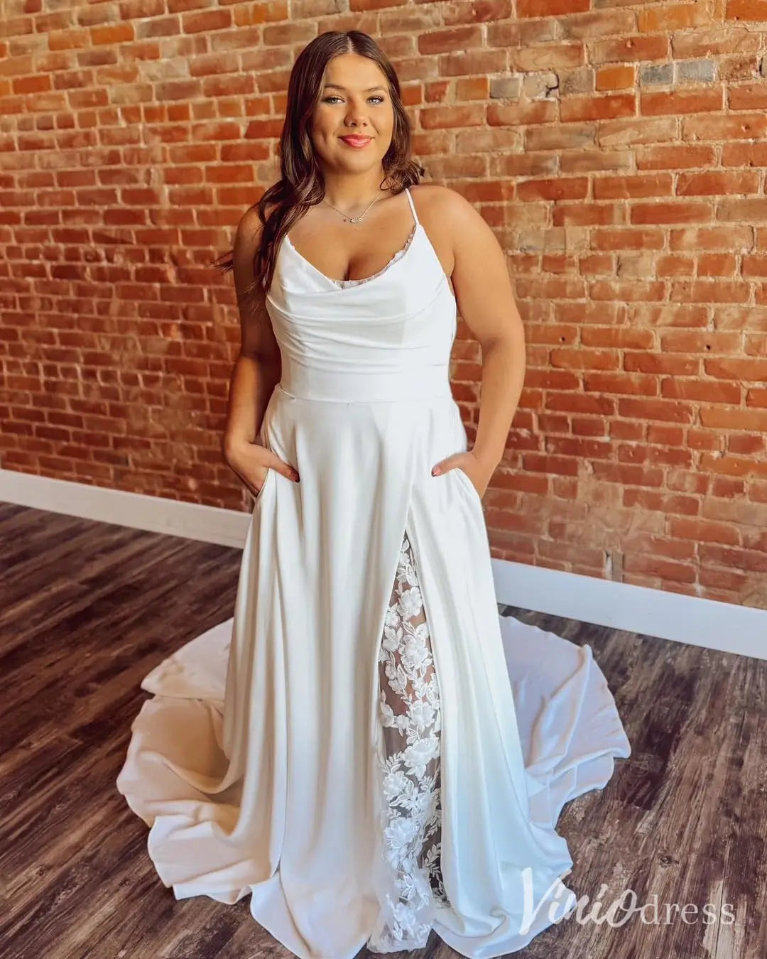 Romantic Crepe A-Line Wedding Dress with Lace Slit, Cowl Neckline, and Draped Back – MN132-wedding dresses 2025 -Viniodress-Ivory-Custom Size-