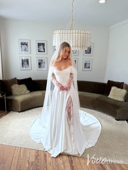 Romantic Crepe Wedding Dress with Basque Waist, Lace Sleeves & Slit Skirt – MN102-wedding dresses 2025 -Viniodress-Ivory-Custom Size-