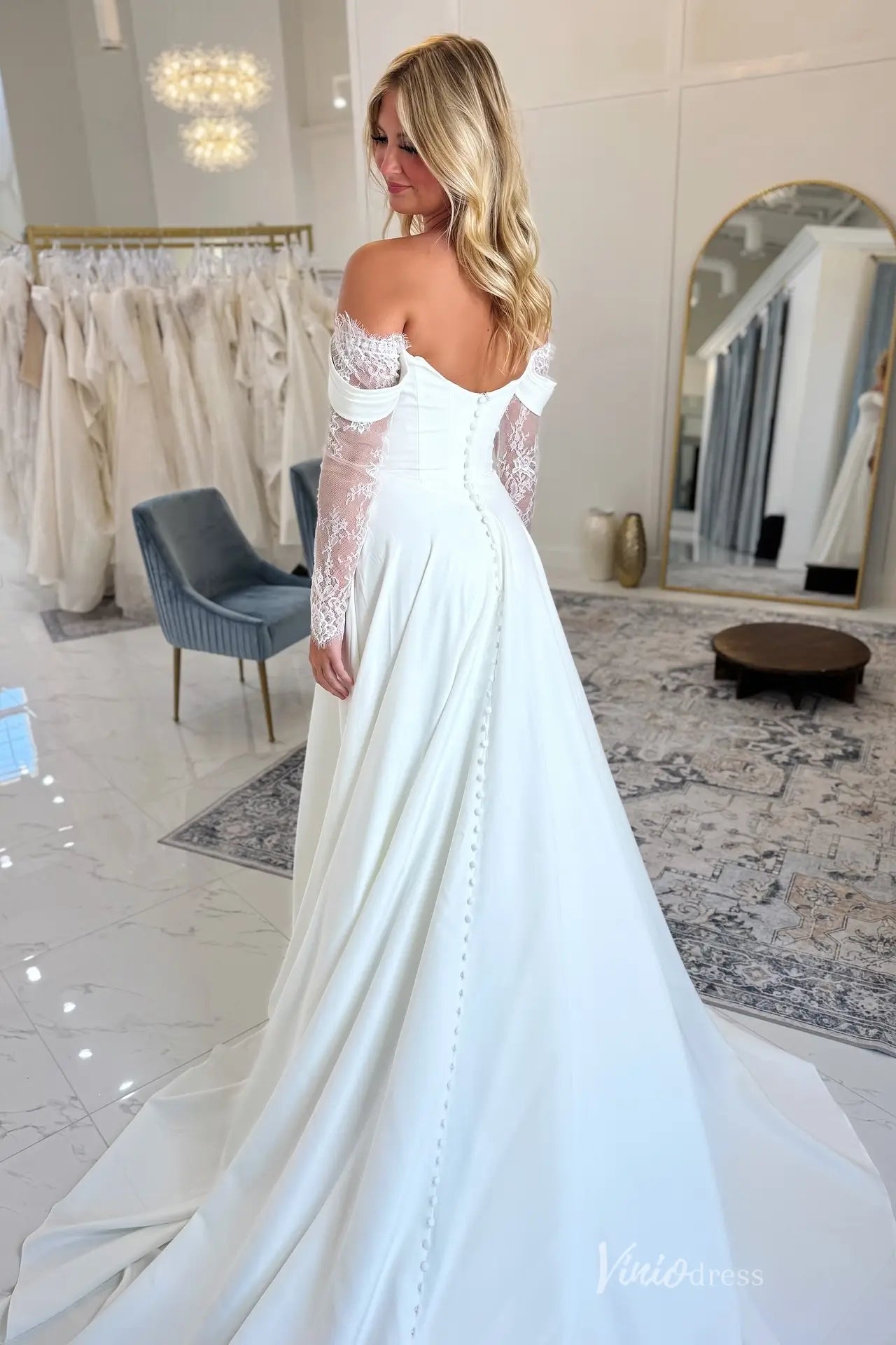 Romantic Crepe Wedding Dress with Basque Waist, Lace Sleeves & Slit Skirt – MN102-wedding dresses 2025 -Viniodress-Ivory-Custom Size-