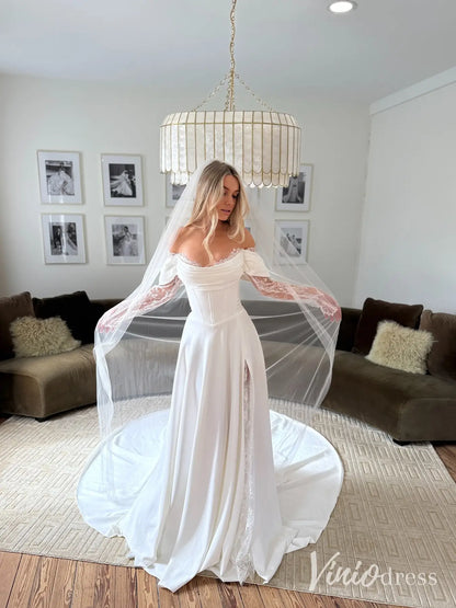 Romantic Crepe Wedding Dress with Basque Waist, Lace Sleeves & Slit Skirt – MN102-wedding dresses 2025 -Viniodress-Ivory-Custom Size-