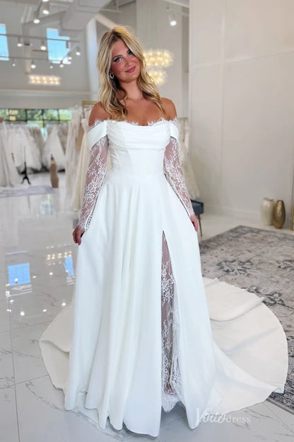 Romantic Crepe Wedding Dress with Basque Waist, Lace Sleeves & Slit Skirt – MN102-wedding dresses 2025 -Viniodress-Ivory-Custom Size-