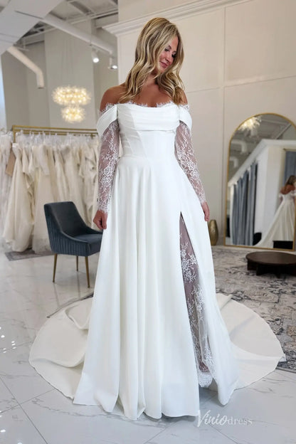 Romantic Crepe Wedding Dress with Basque Waist, Lace Sleeves & Slit Skirt – MN102-wedding dresses 2025 -Viniodress-Ivory-Custom Size-