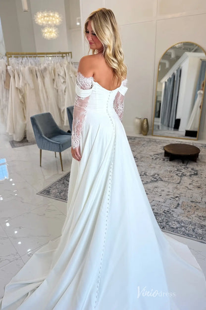 Romantic Crepe Wedding Dress with Basque Waist, Lace Sleeves & Slit Skirt – MN102-wedding dresses 2025 -Viniodress-Ivory-Custom Size-