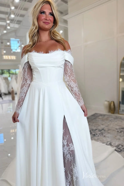 Romantic Crepe Wedding Dress with Basque Waist, Lace Sleeves & Slit Skirt – MN102-wedding dresses 2025 -Viniodress-Ivory-Custom Size-