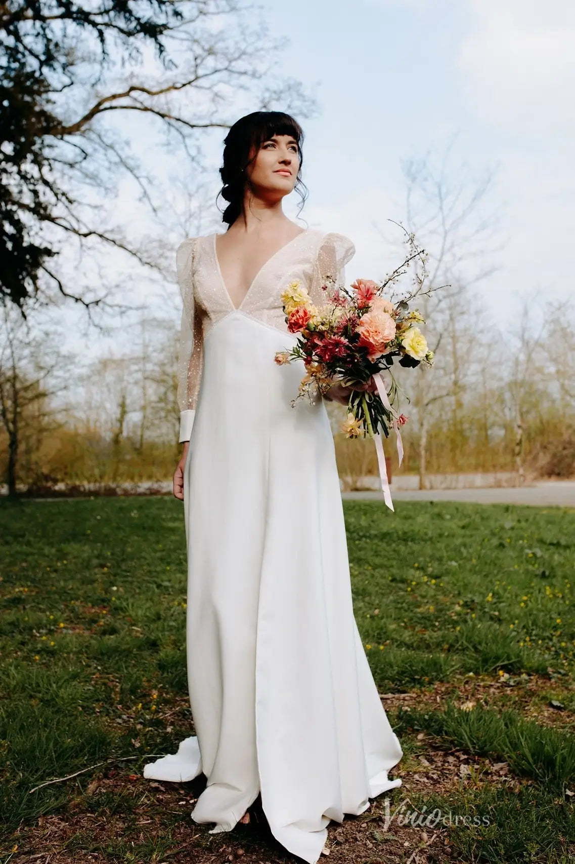 Romantic Deep V Neck Wedding Dress with Sheer Dotted Puff Sleeves, Low Back & Front Slit – MS133-wedding dresses 2026-Viniodress-Ivory-Custom Size-