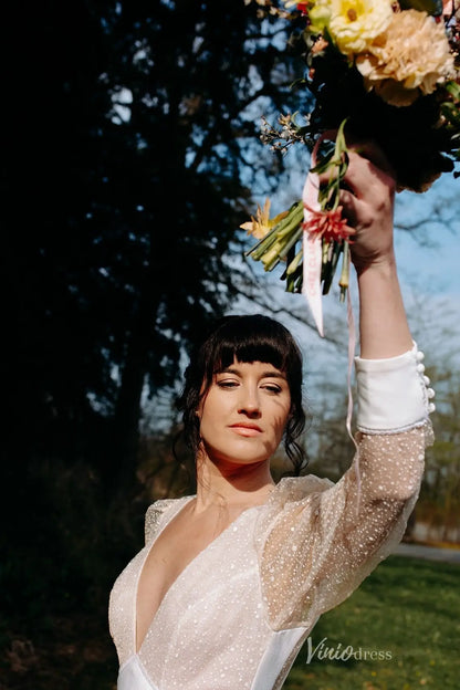 Romantic Deep V Neck Wedding Dress with Sheer Dotted Puff Sleeves, Low Back & Front Slit – MS133-wedding dresses 2026-Viniodress-Ivory-Custom Size-