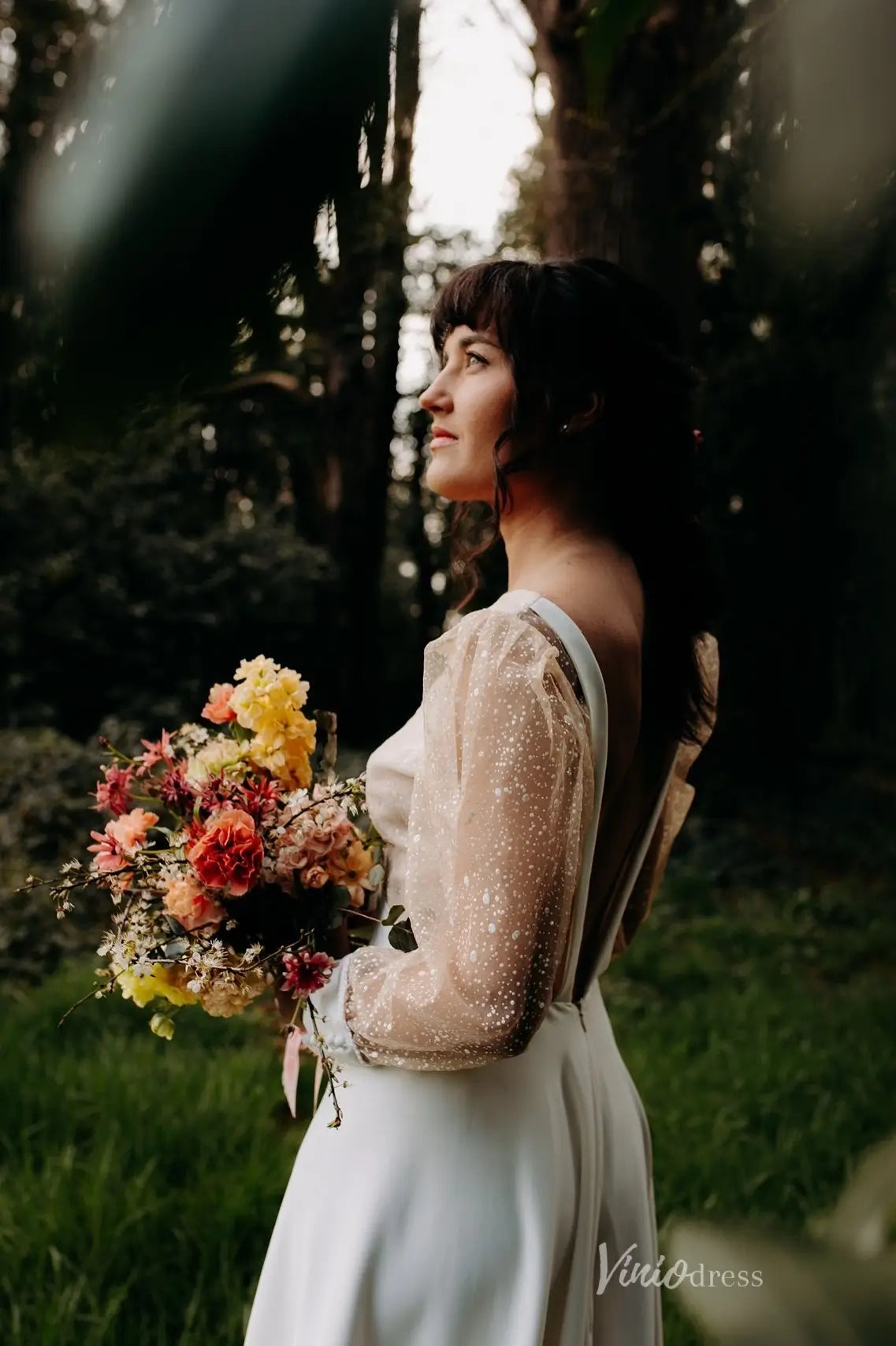 Romantic Deep V Neck Wedding Dress with Sheer Dotted Puff Sleeves, Low Back & Front Slit – MS133-wedding dresses 2026-Viniodress-Ivory-Custom Size-