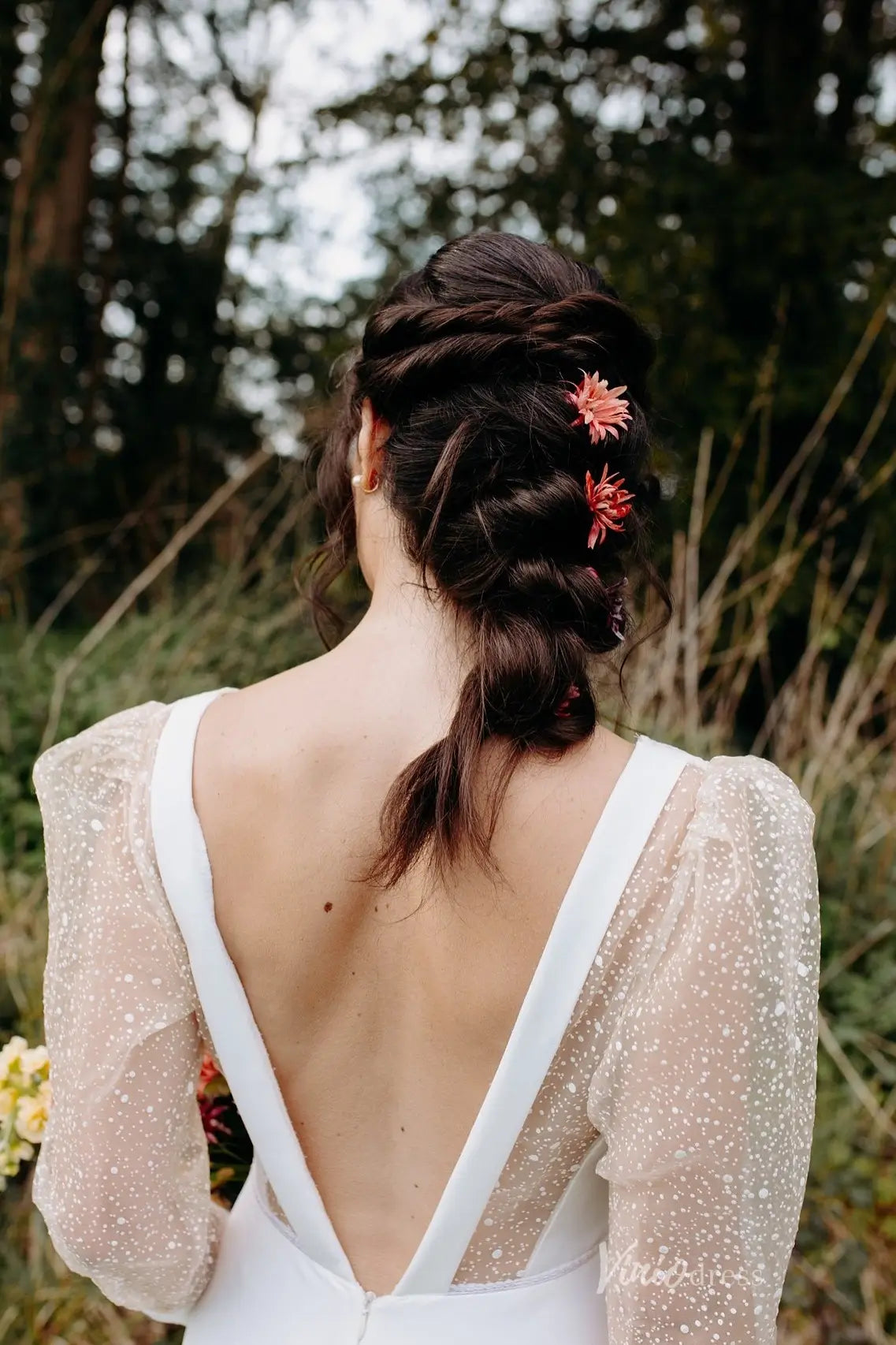 Romantic Deep V Neck Wedding Dress with Sheer Dotted Puff Sleeves, Low Back & Front Slit – MS133-wedding dresses 2026-Viniodress-Ivory-Custom Size-