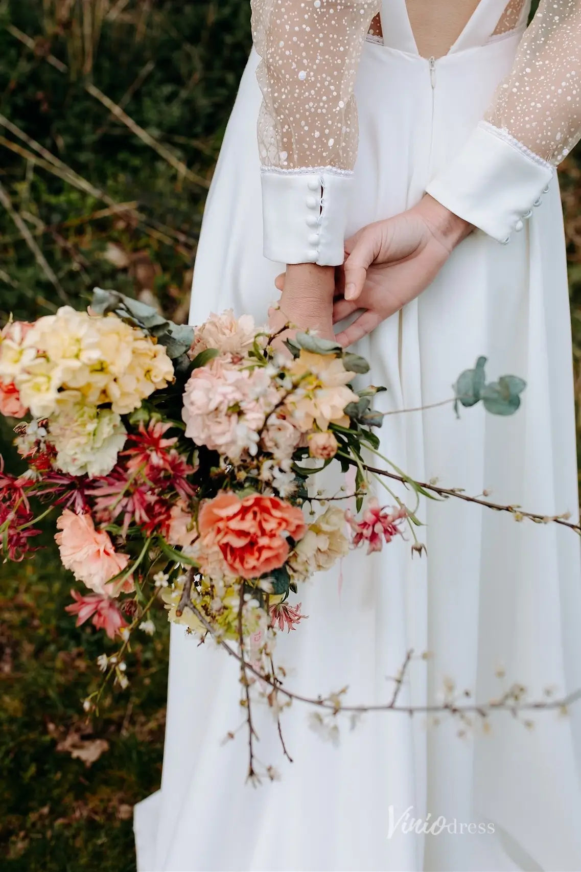 Romantic Deep V Neck Wedding Dress with Sheer Dotted Puff Sleeves, Low Back & Front Slit – MS133-wedding dresses 2026-Viniodress-Ivory-Custom Size-