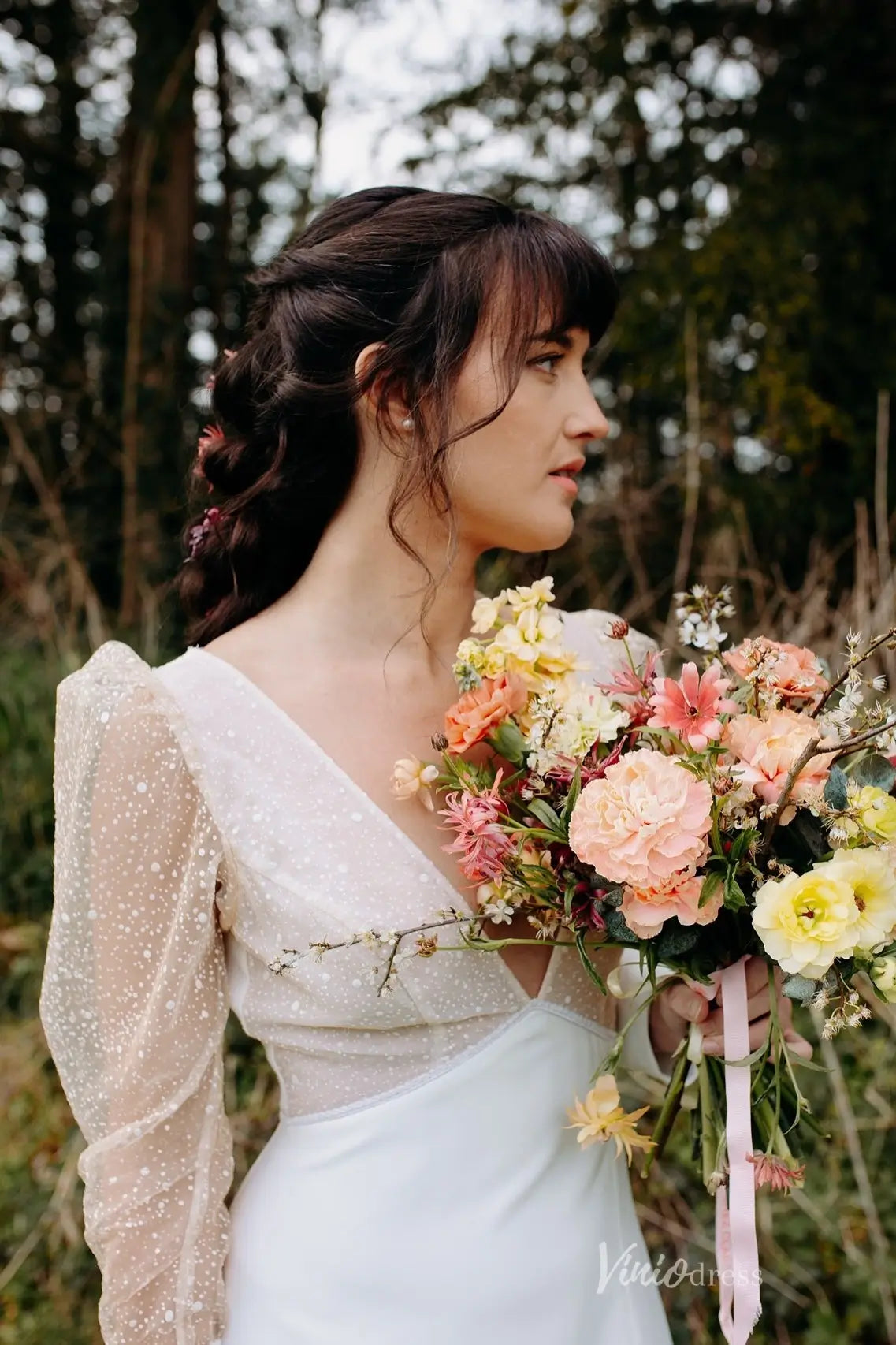 Romantic Deep V Neck Wedding Dress with Sheer Dotted Puff Sleeves, Low Back & Front Slit – MS133-wedding dresses 2026-Viniodress-Ivory-Custom Size-