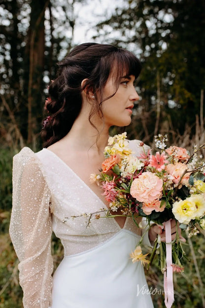 Romantic Deep V Neck Wedding Dress with Sheer Dotted Puff Sleeves, Low Back & Front Slit – MS133-wedding dresses 2026-Viniodress-Ivory-Custom Size-