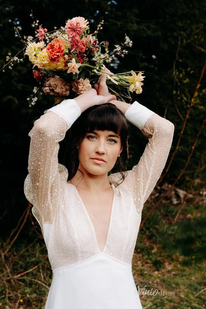 Romantic Deep V Neck Wedding Dress with Sheer Dotted Puff Sleeves, Low Back & Front Slit – MS133-wedding dresses 2026-Viniodress-Ivory-Custom Size-