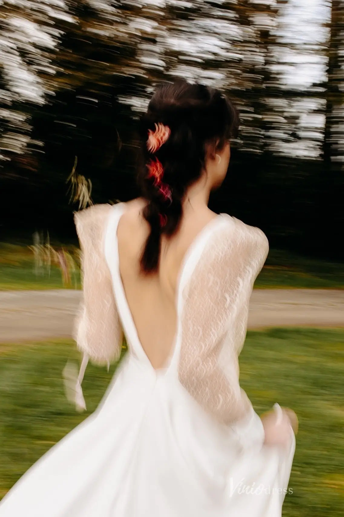 Romantic Deep V Neck Wedding Dress with Sheer Dotted Puff Sleeves, Low Back & Front Slit – MS133-wedding dresses 2026-Viniodress-Ivory-Custom Size-