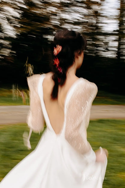 Romantic Deep V Neck Wedding Dress with Sheer Dotted Puff Sleeves, Low Back & Front Slit – MS133-wedding dresses 2026-Viniodress-Ivory-Custom Size-