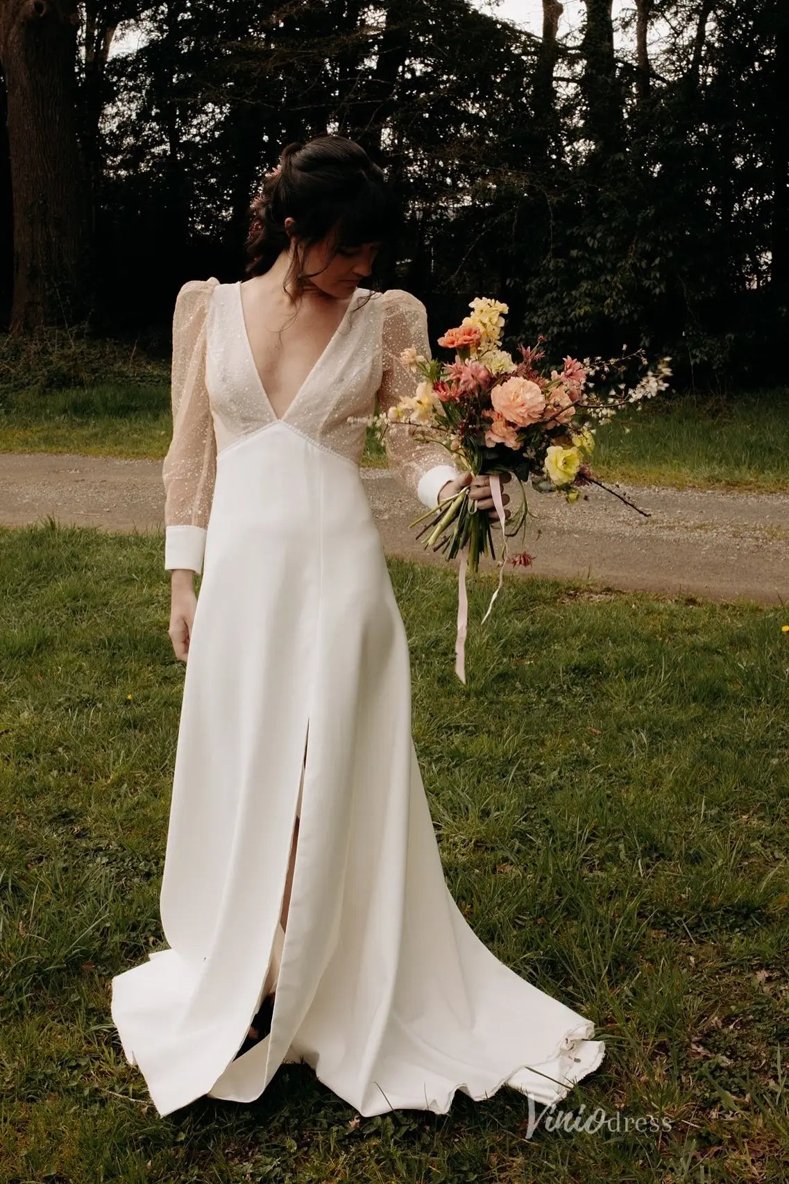 Romantic Deep V Neck Wedding Dress with Sheer Dotted Puff Sleeves, Low Back & Front Slit – MS133