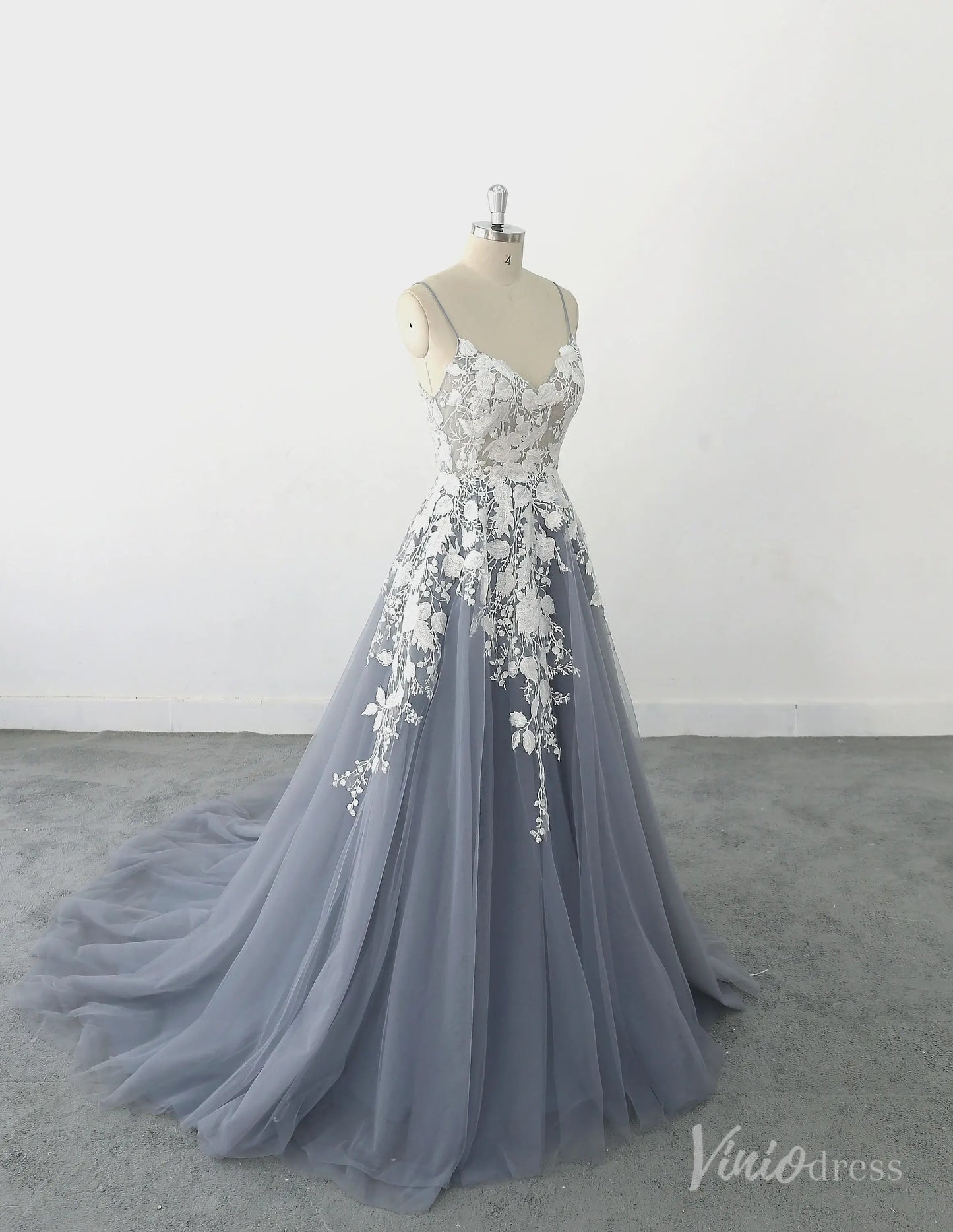 Romantic Dusty Blue Lace Wedding Dress with Spaghetti Straps, Floral Appliqués & Chapel Train – FW232-wedding dresses 2025 -Viniodress-Dusty Blue-Custom Size-