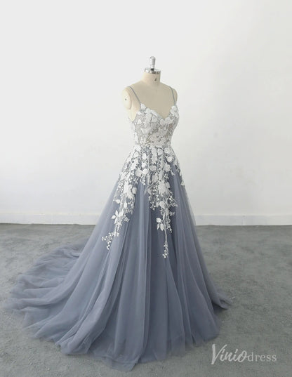 Romantic Dusty Blue Lace Wedding Dress with Spaghetti Straps, Floral Appliqués & Chapel Train – FW232-wedding dresses 2025 -Viniodress-Dusty Blue-Custom Size-